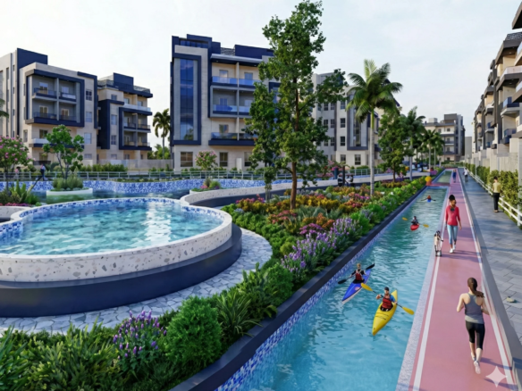 خدمات ومسطحات مائية وواجهات عمائر كمبوند بالم كابيتال الشروق