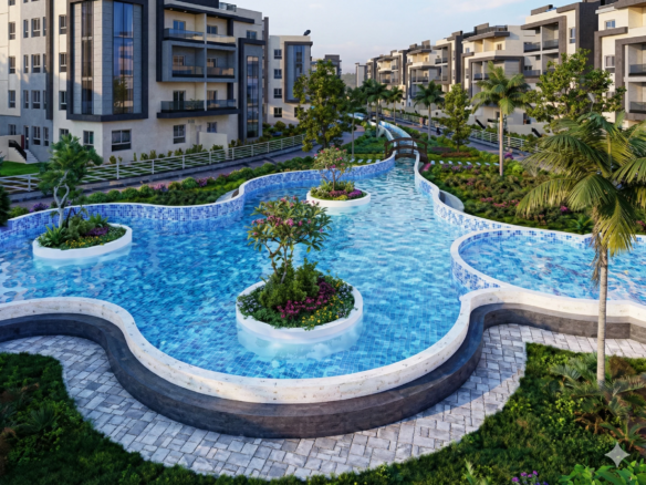 لاندسكيب ومساحات خضراء ومسطحات مائية في كمبوند بالم كابيتال الشروق